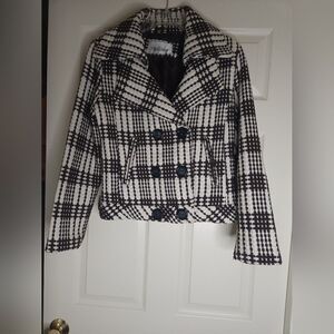 Oleg Cassini M Women's Wool Blend Lined Jacket Blazer Brown White Checker Lines.